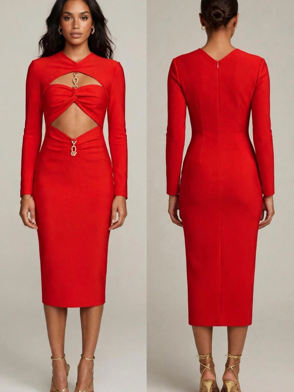 Mew Mews Red Long-Sleeve Cutout Midi Dress with Gold Hardware